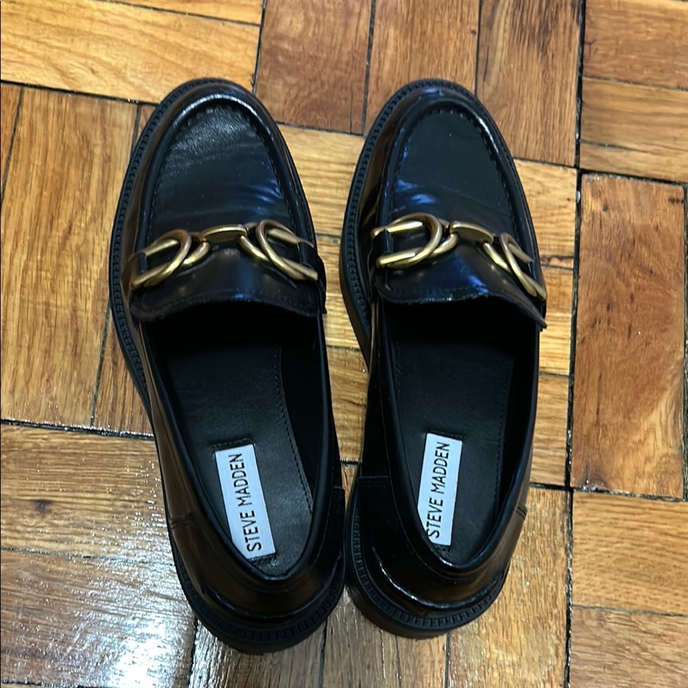 Steve Madden Black Loafers with Gold Accent